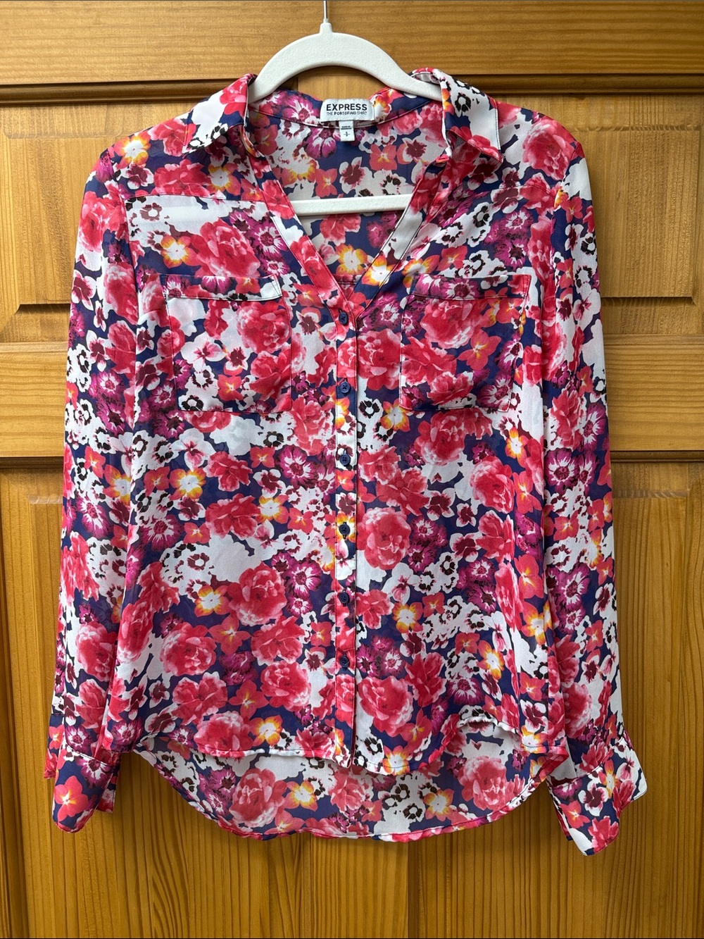 Express Floral Button-Front Blouse — Pink & White